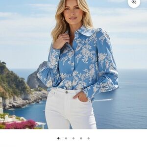 Trish Scully Simone blouse blue  Floral Button-Front Long Sleeve size M NWT